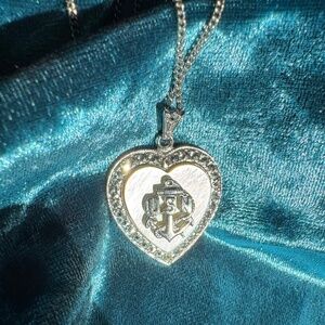 USN Vintage THEDA Sterling Silver Mother of Pearl and Marcasite Heart Necklace